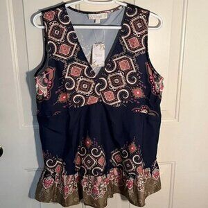 Suzanne Betro Navy,Gold, Orange Multicolor Patterned Top M